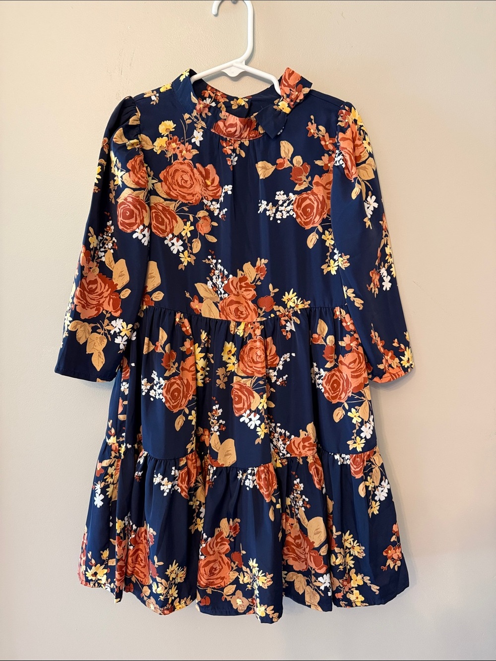 Janie and Jack Navy Floral Tiered Dress with Orange Roses, Size 7